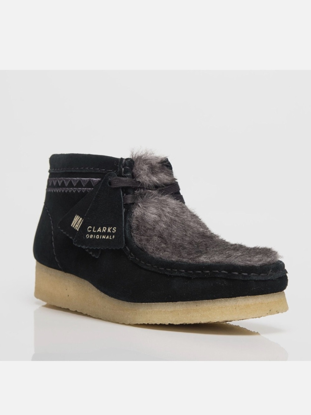 Clarks Originals “Wallabee” Suede Boots in Interest Black with Faux Fur Trim